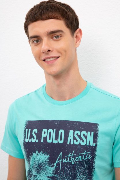 تی شرت جذب یقه گرد طرحدار سبز نعنایی مردانه