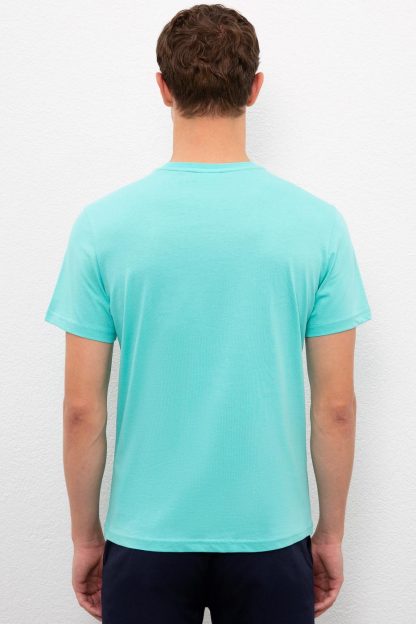 تی شرت جذب یقه گرد طرحدار سبز نعنایی مردانه