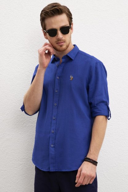 پیراهن آستین بلند یقه برگردان آبی مردانه