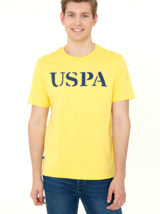 تی شرت مردانه آستین کوتاه یقه گرد طرحدار زرد روشن یو اس پولو