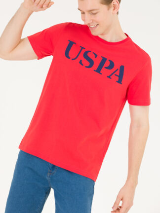 تی شرت مردانه آستین کوتاه یقه گرد طرحدار قرمز یو اس پولو