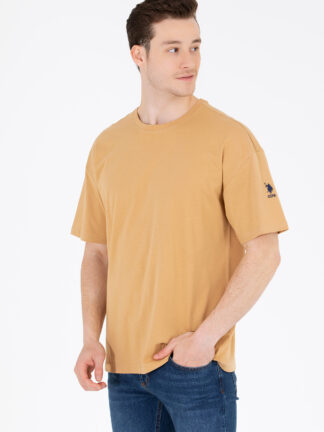 تی شرت مردانه اورسایز آستین کوتاه یقه گرد شتری یو اس پولو