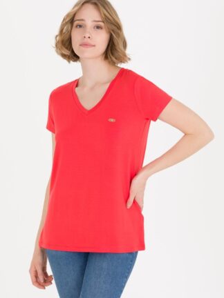 تی ‌‌‌شرت زنانه آستین کوتاه یقه گرد راحت قرمز یو اس پولو