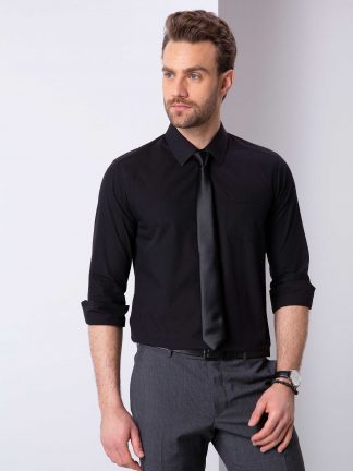 پیراهن آستین بلند مردانه یقه کلاسیک ساده نخی سیاه پیرکاردین