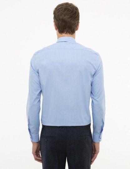 پیراهن آستین بلند مردانه یقه کلاسیک تک جیب جذب آبی پیرکاردین