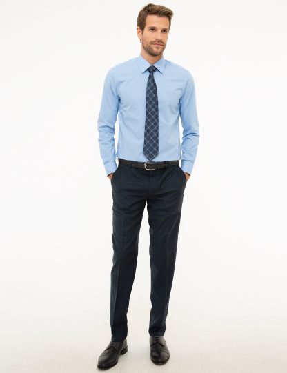 پیراهن آستین بلند مردانه یقه کلاسیک تک جیب جذب آبی پیرکاردین