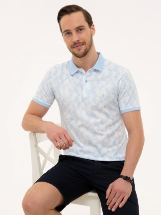 تی شرت مردانه آستین کوتاه یقه پولو طرحدار مدل جذب آبی پیرکاردین