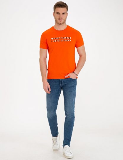 تی شرت مردانه آستین کوتاه یقه گرد مدل جذب نارنجی پیرکاردین