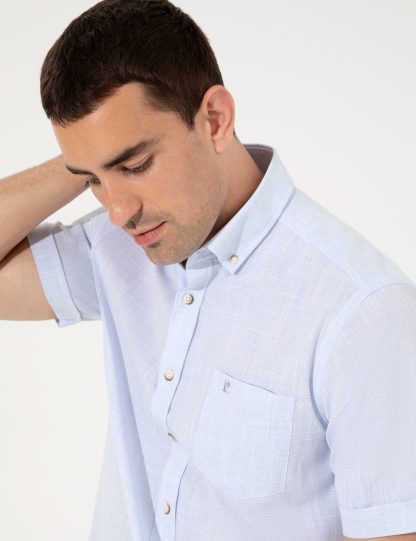 پیراهن آستین کوتاه مردانه یقه برگردان آبی روشن پیرکاردین