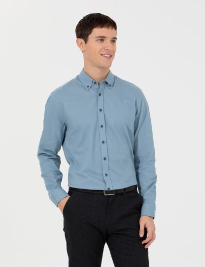 پیراهن آستین بلند مردانه یقه برگردان ساده بدون جیب آبی پیرکاردین