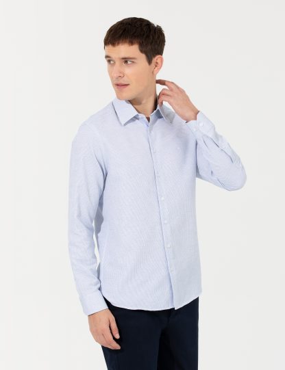 پیراهن آستین بلند مردانه یقه کلاسیک طرحدار جذب آبی پیرکاردین
