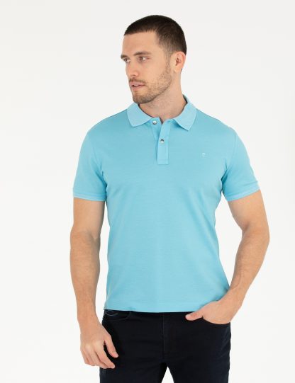 تی شرت مردانه آستین کوتاه یقه پولو ساده مدل جذب آبی روشن پیرکاردین