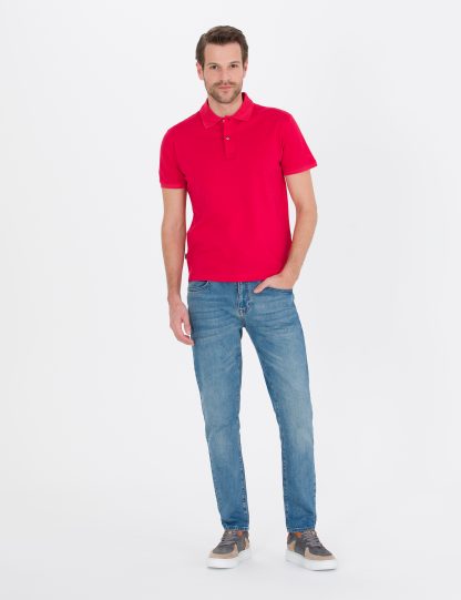 تی شرت مردانه آستین کوتاه یقه پولو ساده مدل جذب قرمز پیرکاردین