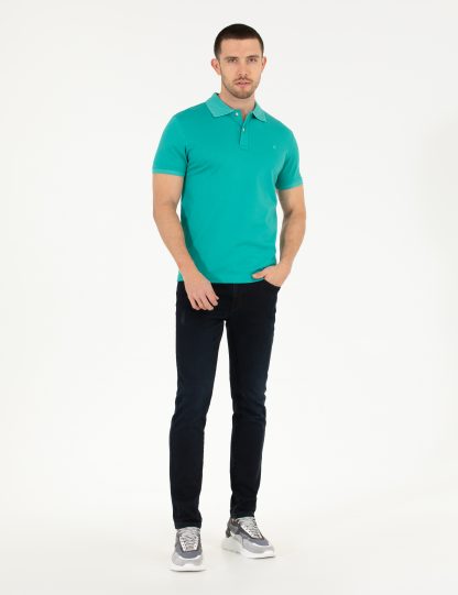 تی شرت مردانه آستین کوتاه یقه پولو ساده مدل جذب آبی نیلی پیرکاردین