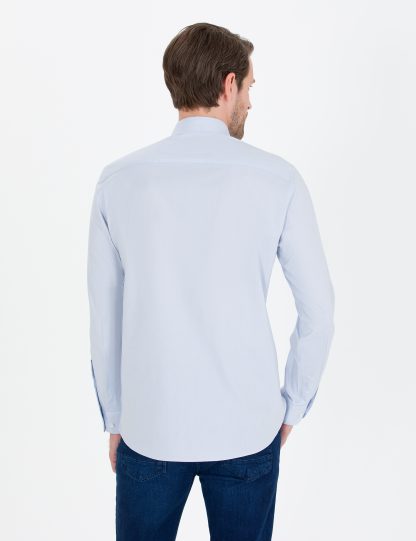 پیراهن آستین بلند مردانه یقه برگردان نخی جذب آبی روشن پیرکاردین