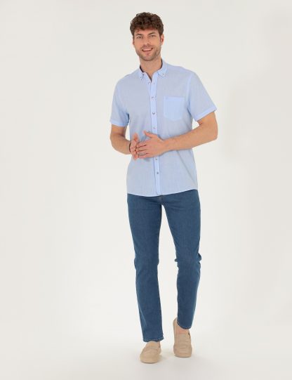 پیراهن آستین کوتاه مردانه معمولی آبی روشن پیرکاردین