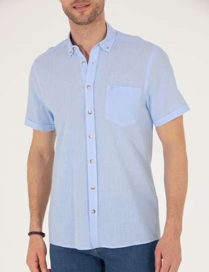 پیراهن آستین کوتاه مردانه معمولی آبی روشن پیرکاردین