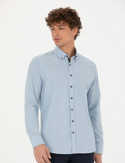 پیراهن آستین بلند مردانه یقه برگردان نخی بدون جیب آبی پیرکاردین