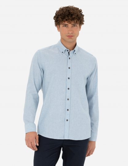 پیراهن آستین بلند مردانه یقه برگردان نخی بدون جیب آبی پیرکاردین