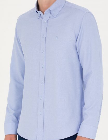 پیراهن آستین بلند مردانه یقه کلاسیک ساده جذب آبی روشن پیرکاردین