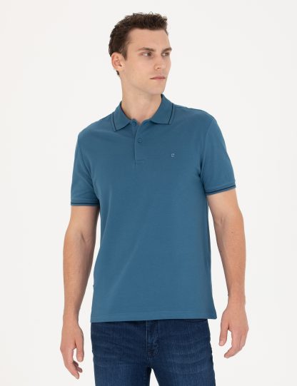 تی شرت مردانه آستین کوتاه یقه پولو مدل جذب آبی نیلی پیرکاردین
