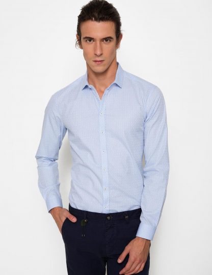 پیراهن آستین بلند مردانه یقه ایتالیایی ساده آبی کاشارل