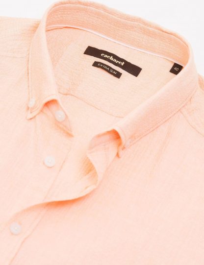پیراهن آستین بلند مردانه یقه دکمه دار کوتاه بدون جیب نارنجی کاشارل