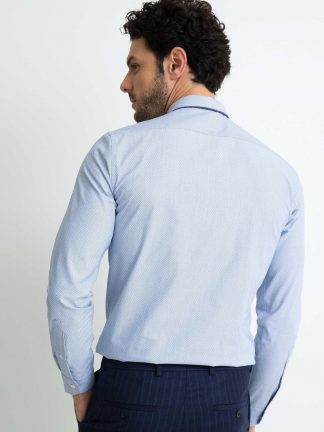پیراهن آستین بلند مردانه یقه کلاسیک طرحدار جذب آبی کاشارل