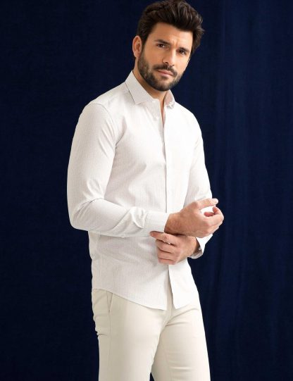 پیراهن آستین بلند مردانه یقه ایتالیایی بژ کاشارل