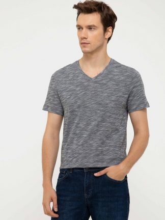 تی شرت مردانه یقه هفت طرحدار سرمه ای کاشارل