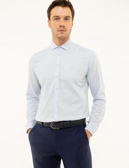 پیراهن آستین بلند مردانه ژاکارد یقه کلاسیک آبی روشن کاشارل