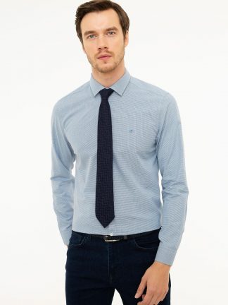 پیراهن آستین بلند مردانه یقه برگردان بدون جیب طرحدار آبی کاشارل