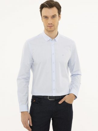پیراهن آستین بلند مردانه یقه دکمه دار بدون جیب ژاکارد آبی روشن کاشارل