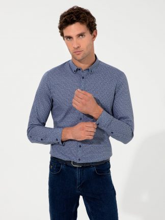 پیراهن آستین بلند مردانه یقه دکمه دار بدون جیب طرحدار جذب سرمه ای کاشارل