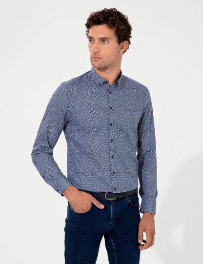 پیراهن آستین بلند مردانه یقه دکمه دار بدون جیب طرحدار جذب سرمه ای کاشارل