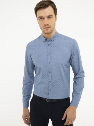 پیراهن آستین بلند مردانه ژاکارد یقه دکمه دار آبی کاشارل