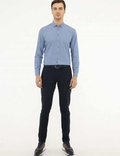 پیراهن آستین بلند مردانه ژاکارد یقه دکمه دار آبی کاشارل
