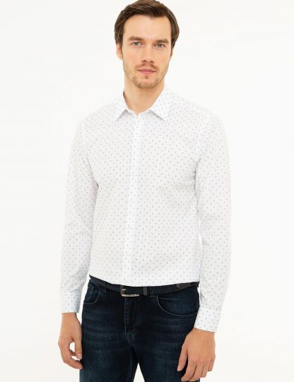 پیراهن آستین بلند مردانه یقه کلاسیک طرحدار سفید کاشارل