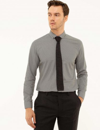 پیراهن آستین بلند مردانه یقه دکمه دار طرحدار خاکستری کاشارل