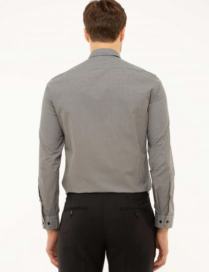 پیراهن آستین بلند مردانه یقه دکمه دار طرحدار خاکستری کاشارل