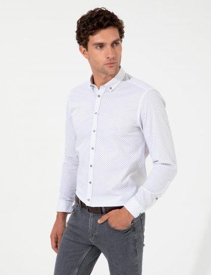 پیراهن آستین بلند مردانه یقه دکمه دار طرحدار خاکستری روشن کاشارل