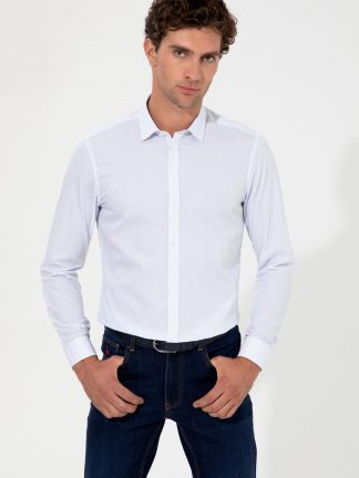 پیراهن آستین بلند مردانه طرحدار بدون جیب آبی کاشارل