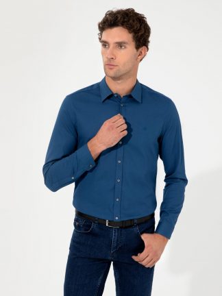 پیراهن آستین بلند مردانه بدون جیب یقه ایتالیایی جذب آبی نیلی کاشارل