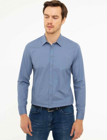 پیراهن آستین بلند مردانه طرحدار بدون جیب آبی کاشارل