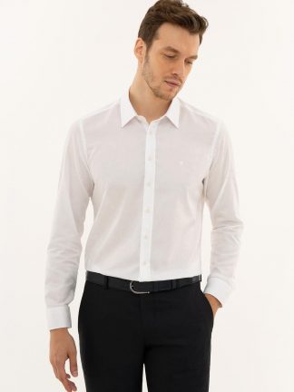 پیراهن آستین بلند مردانه یقه کلاسیک ساده سفید کاشارل