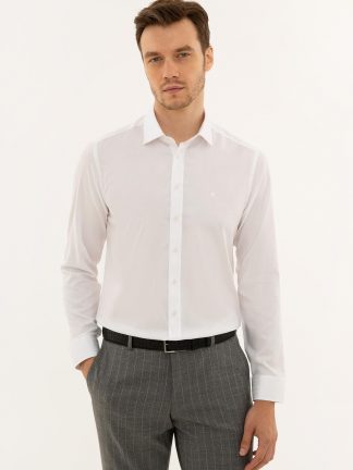 پیراهن آستین بلند مردانه یقه ایتالیایی ساده سفید کاشارل