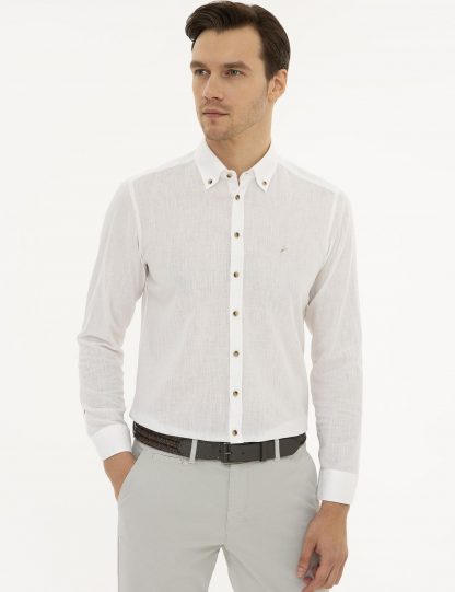 پیراهن آستین بلند مردانه یقه دکمه دار جیبدار ساده سفید کاشارل