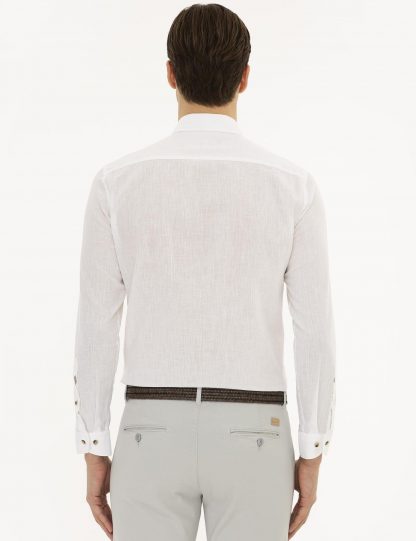 پیراهن آستین بلند مردانه یقه دکمه دار جیبدار ساده سفید کاشارل