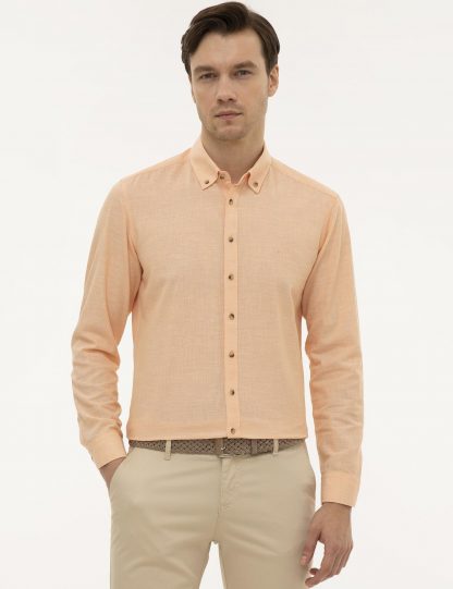 پیراهن آستین بلند مردانه یقه دکمه دار جیبدار ساده نارنجی کاشارل