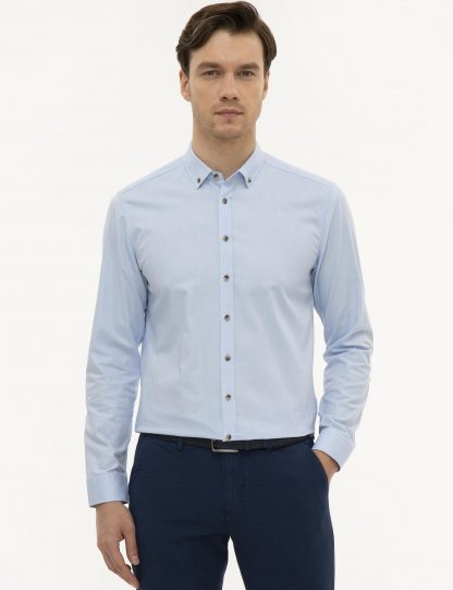 پیراهن آستین بلند مردانه یقه برگردان ساده آبی روشن کاشارل